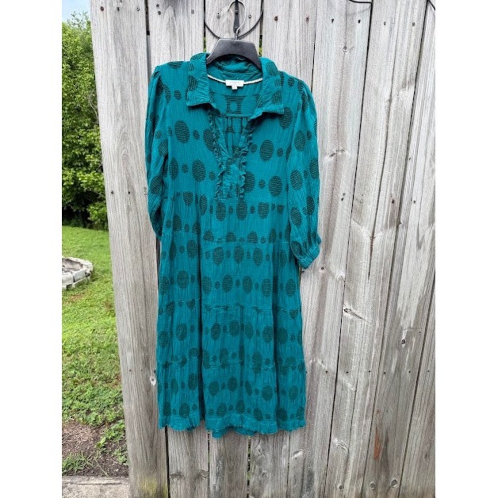 Boho Umgee Dress Womens Large Teal Polka Dot Crinkle Gauze Tiered Ruffle V-Neck